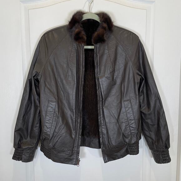 Vintage 1991 Leather and Mink Fur Reversible Bomber Jacket Brown w/ Receipt S - Picture 1 of 11